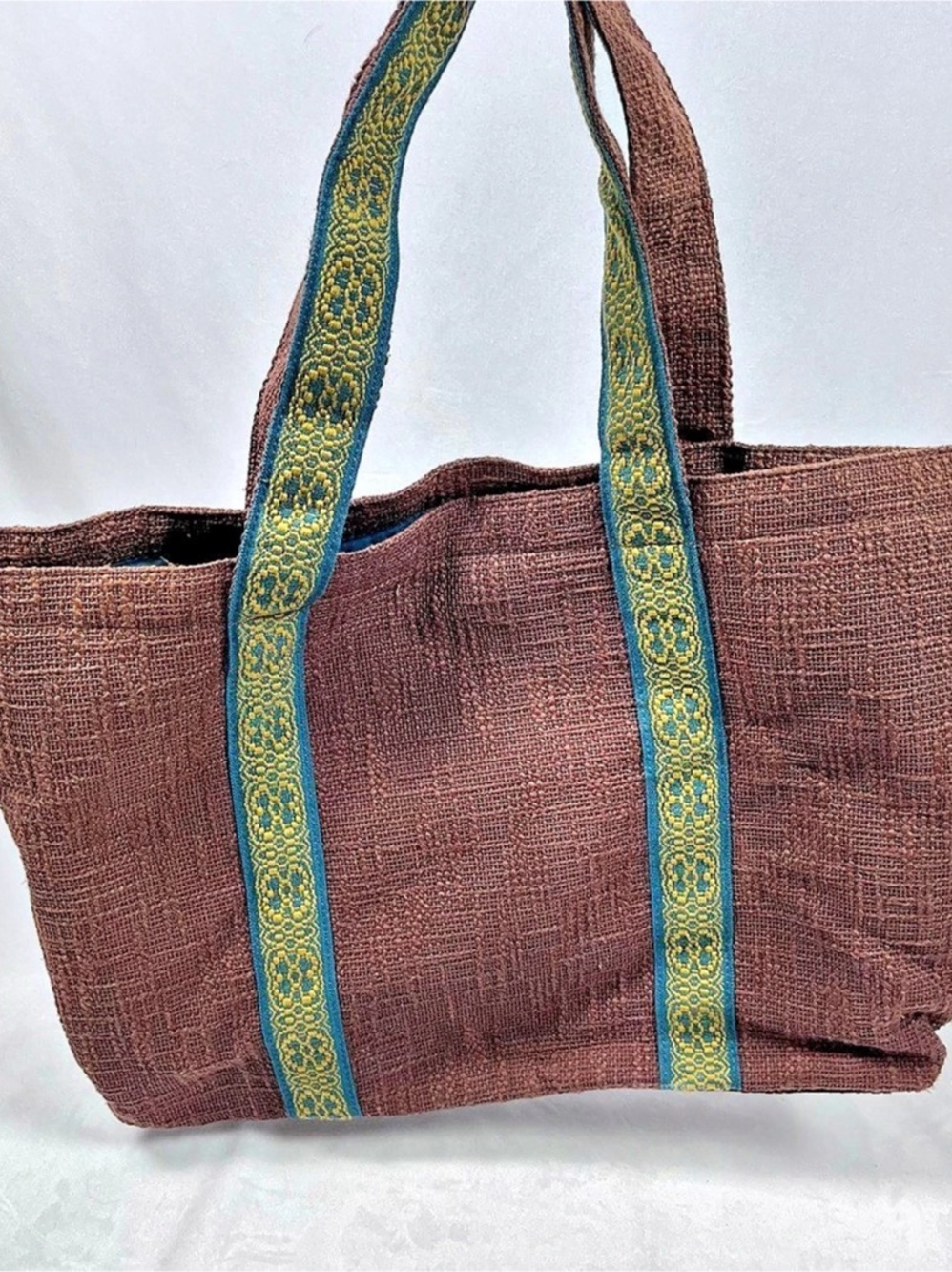 Boho Woven Burlap Style Tote Bag Textured Brown Teal Geometric Trim Accent